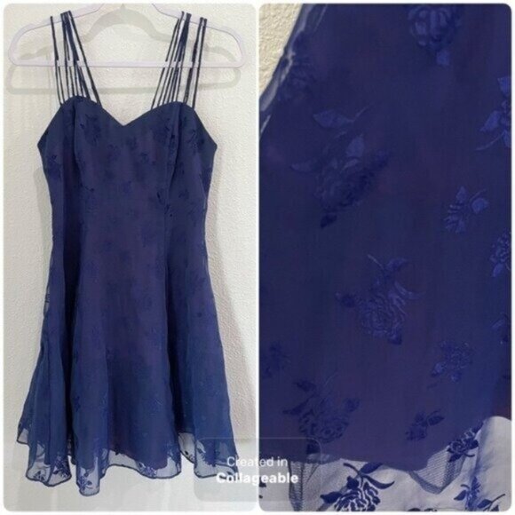 Vintage Fairy 90’s Velvet Whimsical Dark Lace Mini Dress Blue Goth Party - Picture 1 of 8
